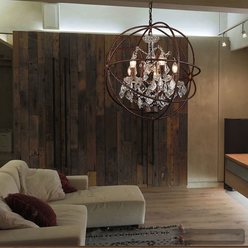 Wrought Iron Spherical Chandelier Pendant Rustic 4-Light Restaurant Hanging Light with Crystal Deco