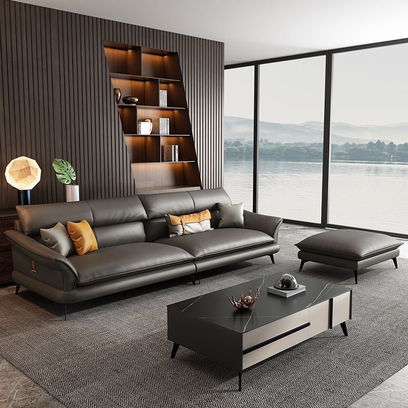 Glam Settee Genuine Leather Black Living Room Flared Arm Cushions Standard Sofa