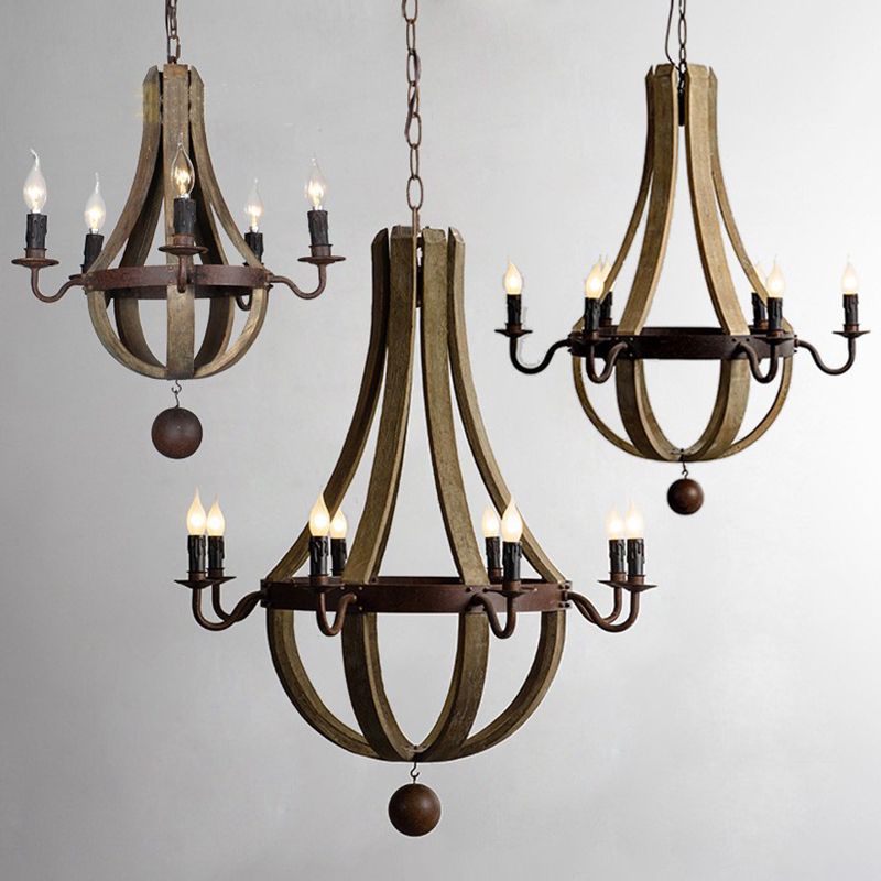 Vintage Brown Wooden Candlestick Pendant Light Rustic Traditional Dining Room Chandelier Lighting