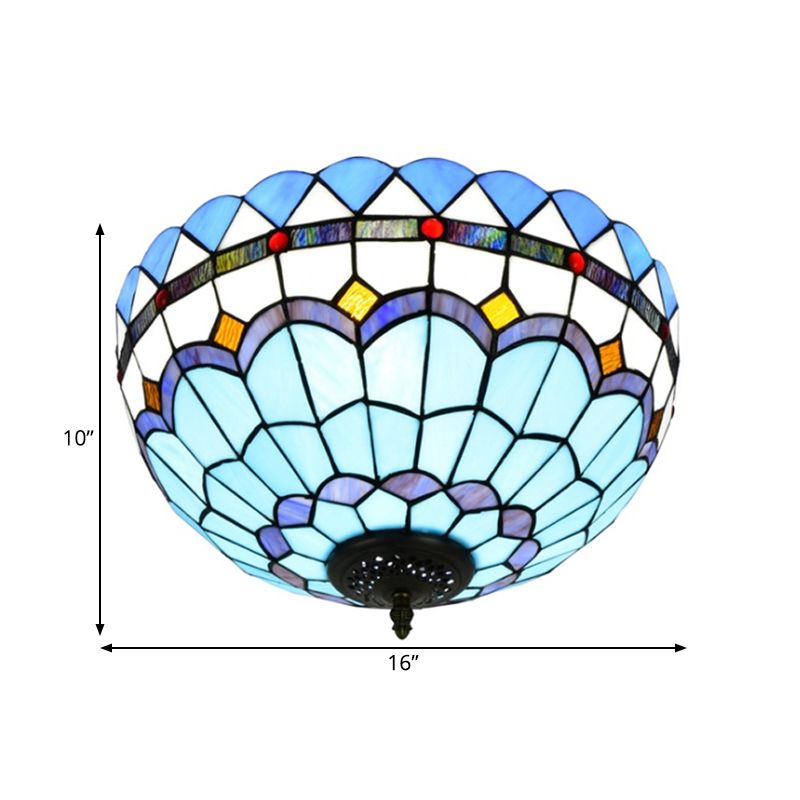 Blue 2/3 Bulbs Ceiling Mount Light Fixture Mediterranean Hand Rolled Art Glass Bowl Flush Mount Lighting, 12"/16" W