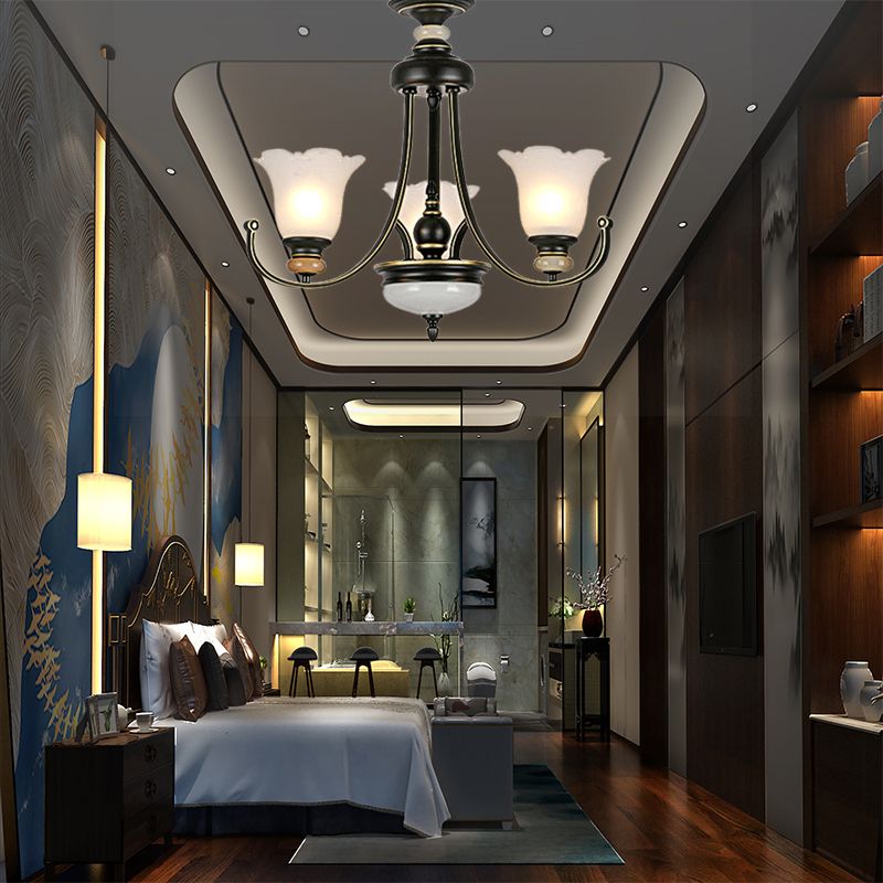 Flower White Glass Ceiling Light Vintage 3/6/8 Lights Bedroom Chandelier Light Fixture in Black