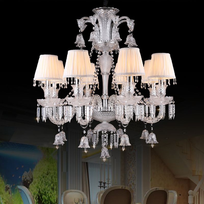 Pleated Shade Fabric Chandelier Antique 8-Bulb Living Room Pendant in White with Curvy Glass Arm and Crystal Drop