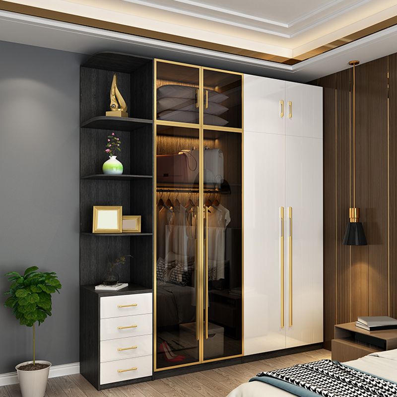 Modern Tempered Glass Doors Wardrobe Wood Frame Wardrobe without Light