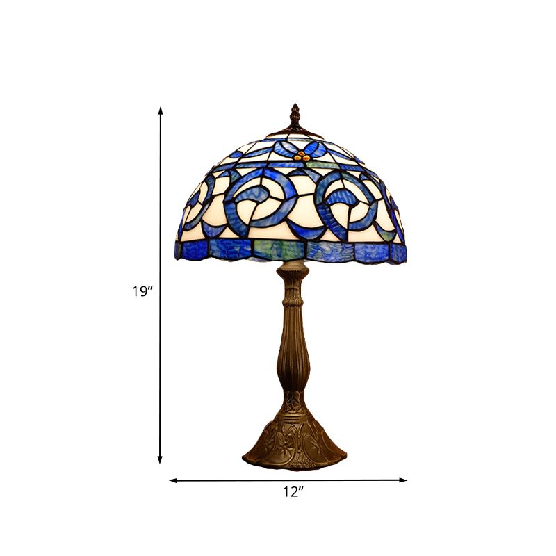 1 Bulb Bedroom Nightstand Lighting Tiffany Bronze Table Lamp with Domed Stained Glass Shade