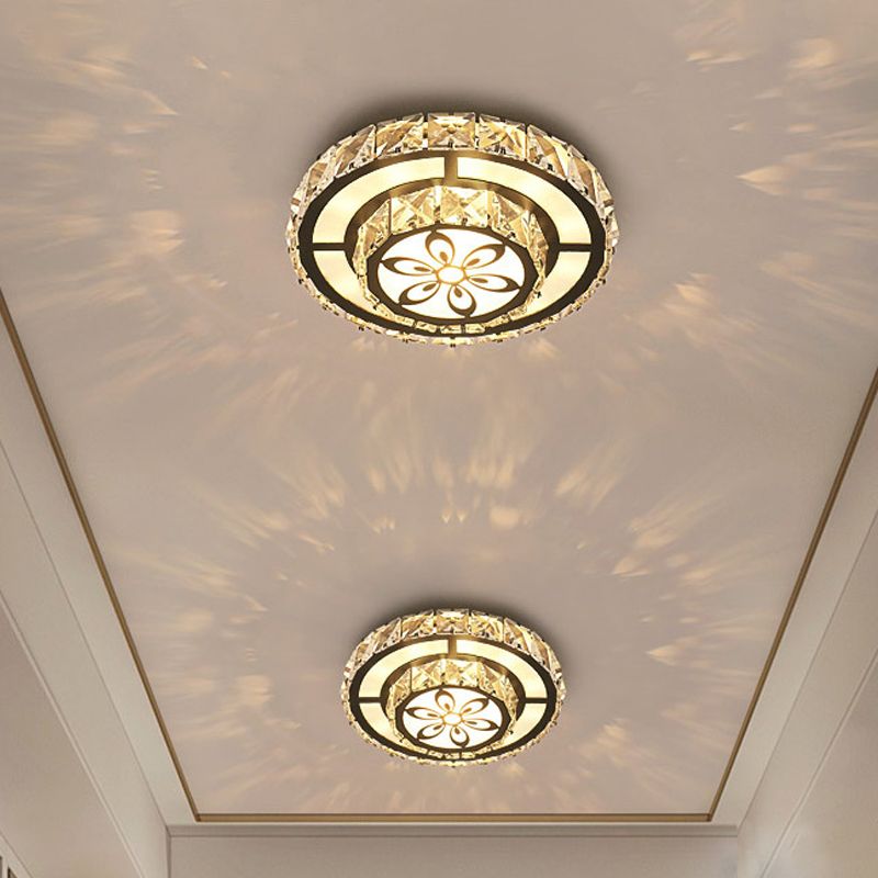 Round Clear Crystal LED Flush Mount Modern White Flushmount Ceiling Light for Entryway