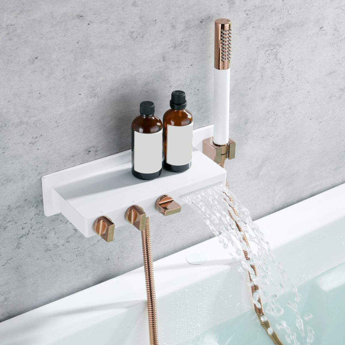 Wall Mount Tub Filler Modern Brass Triple Knob Handle Waterfall Tub Filler with Handshower