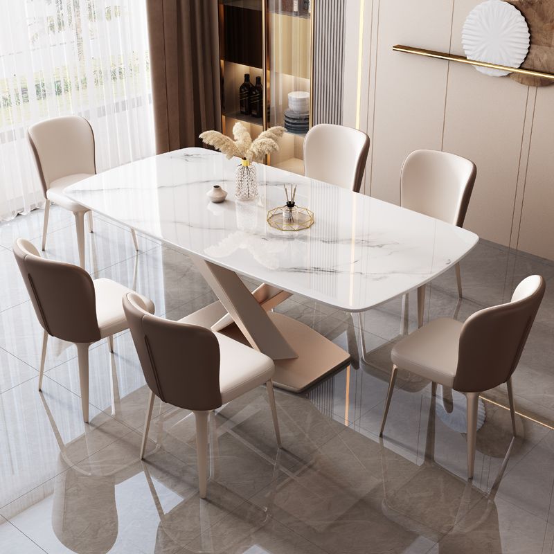 Mesa de comedor rectangular de estilo moderno de metal, mesa superior de piedra sinterizada para comedor