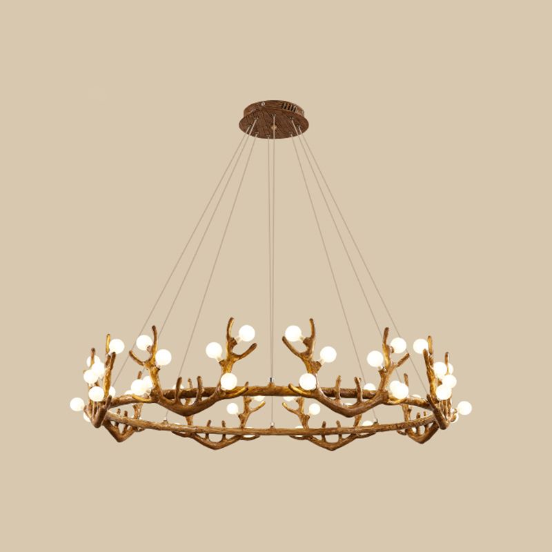 Antler Living Room Ceiling Lighting Vintage Resin Brown LED Chandelier Light with Ball Frost Glass Shade