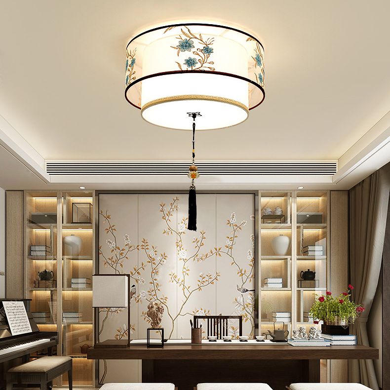 Wrought Iron White Ceiling Light in Traditional Unique Style Geometric Indoor Flush Mount with Embroidered Fabric Shade