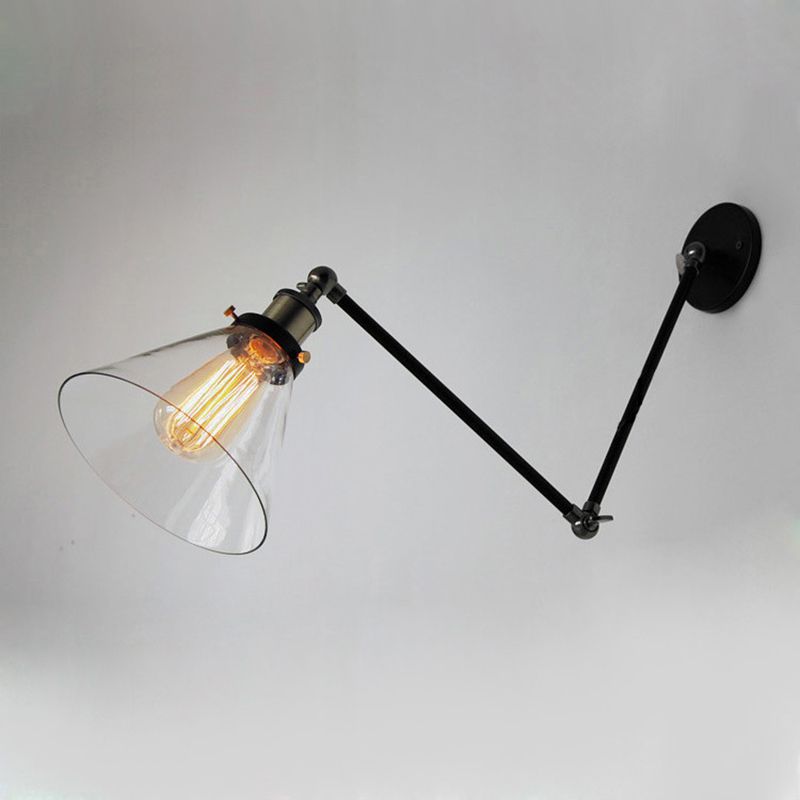 Swing Arm Wall Lamp Industrial Style Indoor Sconce Light with Conical Glass Shade