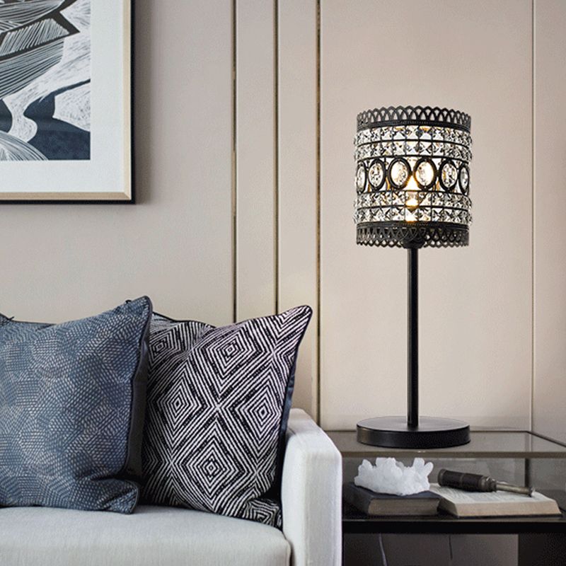 Cilinder Nachttafel Licht Modern Metallic 1-Hoofd bed nachtkastje Lamp met kristallen accent in zwart