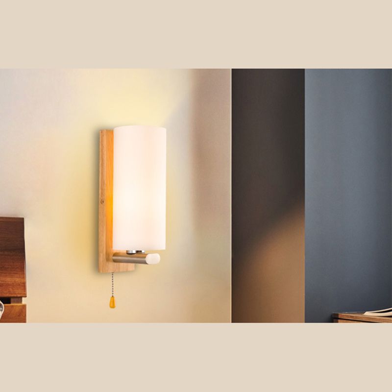 Nordic Style Wooden Wall Lamp White Cylindrical Shade Simplicity Lighting Fixture with Hand Pull Switch