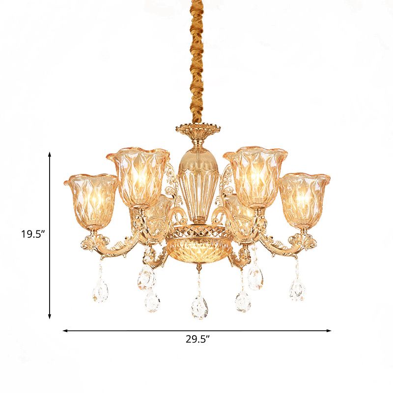 Lampada a sospensione oro 6-bulbone lampadario floreale di vetro ambra della metà secolo con caduta di cristallo