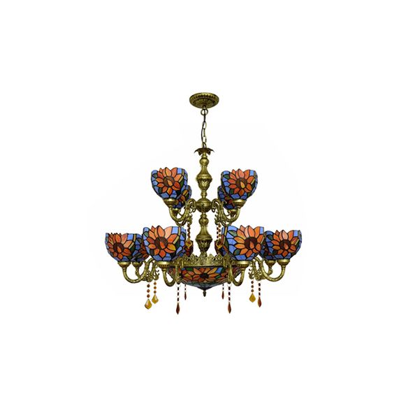 Country Bowl Hanging Light Stained Glass 15 Heads Chandelier in Orange Blue for Living Room