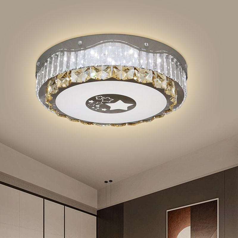 Clear Crystal Blocks Round Flush Light Modern Bedroom LED Ceiling Mount in Stainless-Steel