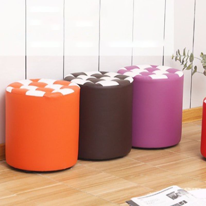 Color Block Ottoman Faux Leather Stain Resistant Cylinder Shape Pouf Ottoman