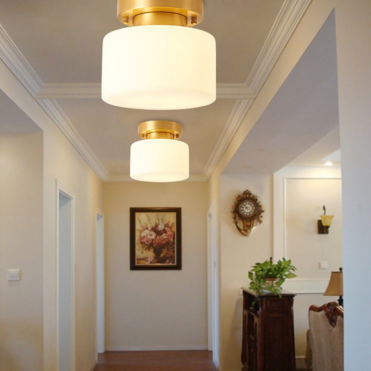 Cylinder Aisle Semi Flush Mount Ceiling Light Glass Modern Semi Mount Lighting in White