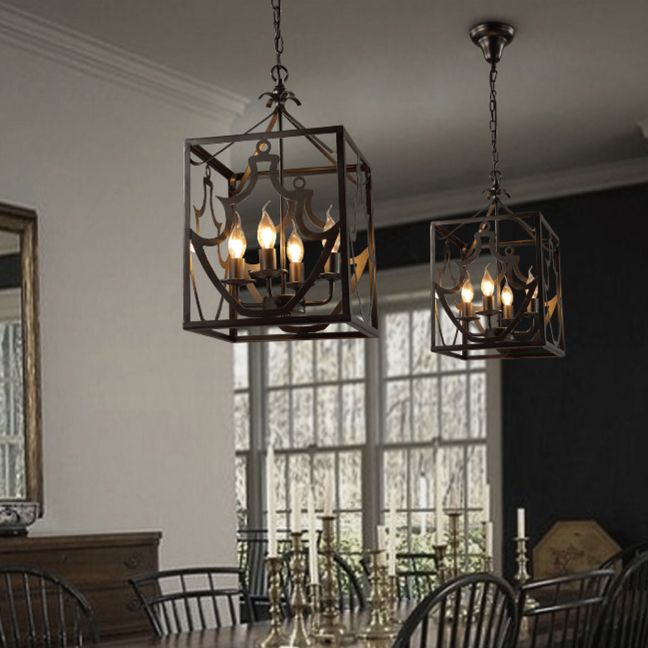 Black 4 Bulbs Ceiling Light Fixture Farmhouse Style Metal Rectangle Cage Chandelier Lighting over Table