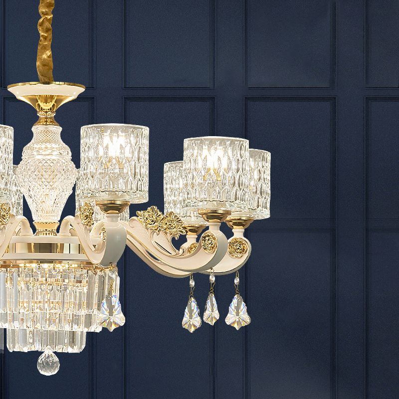 Zylinder Ripple Gla -Kronleuchter anheizt helles Vintage -Wohnzimmer hängend Licht mit Kristall Draping in Weiß