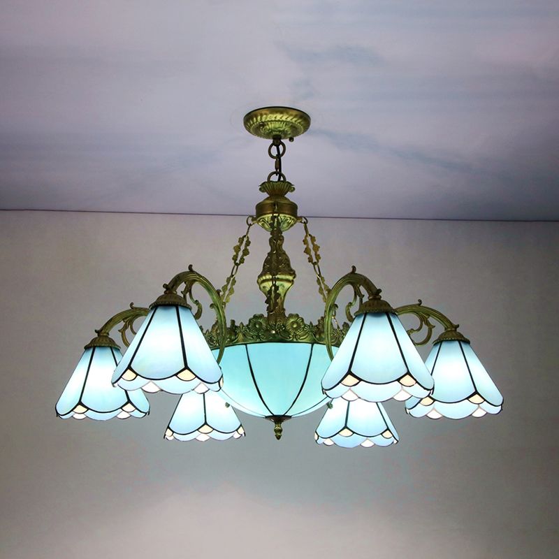 Conical Pendant Lighting with Blue Glass Shade Vintage Traditional Living Room Lighting in Blue