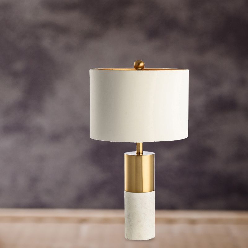 Lámpara de mesa con pantalla de tambor de metal, base de mármol, estilo moderno, 1 luz, iluminación de mesa blanca para dormitorio