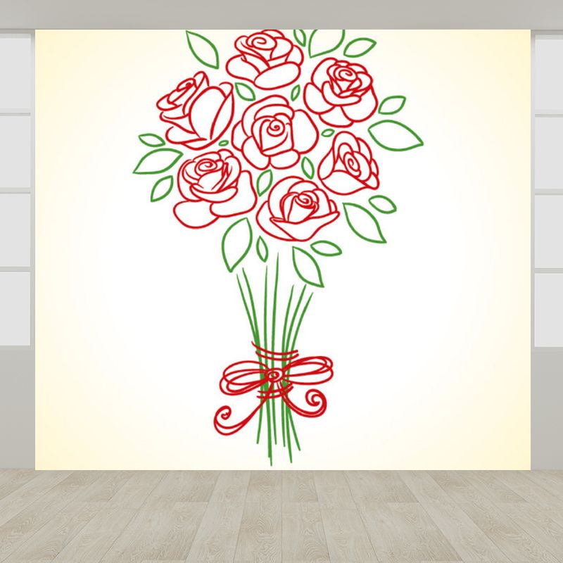 Red Rose Blossom Mural Decal Moisture Resistant Contemporary Bathroom Wall Covering
