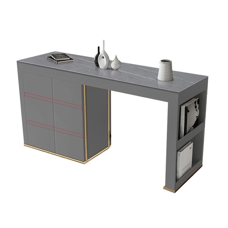 Stone Top Bar Stool Table Glam Style Rectangle Pub Table with Storage