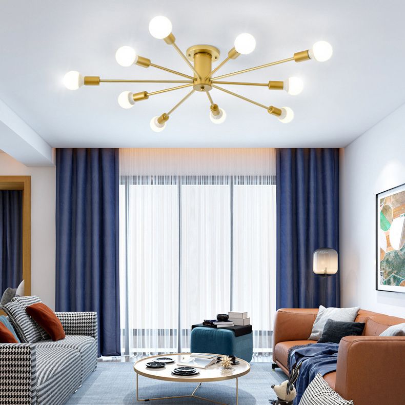 Gouden Spoetnik-plafondlamp in industriële retro-stijl smeedijzeren semi-inbouwmontage voor woonkamer