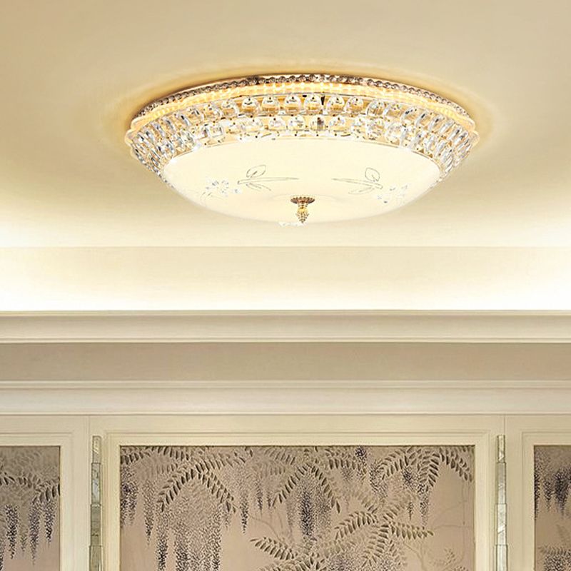 Dome White Glass Ceiling Light Modern LED Gold Flush Mount Lighting Fixture with Crystal Accent, 12"/16"/19.5" W