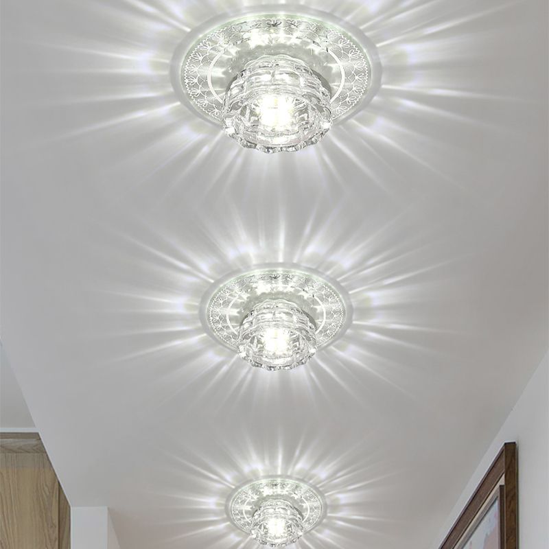 LED Aisle Flush Mount Lamp Simple Chrome Close to Ceiling Light with Bowl Beveled Crystal Shade