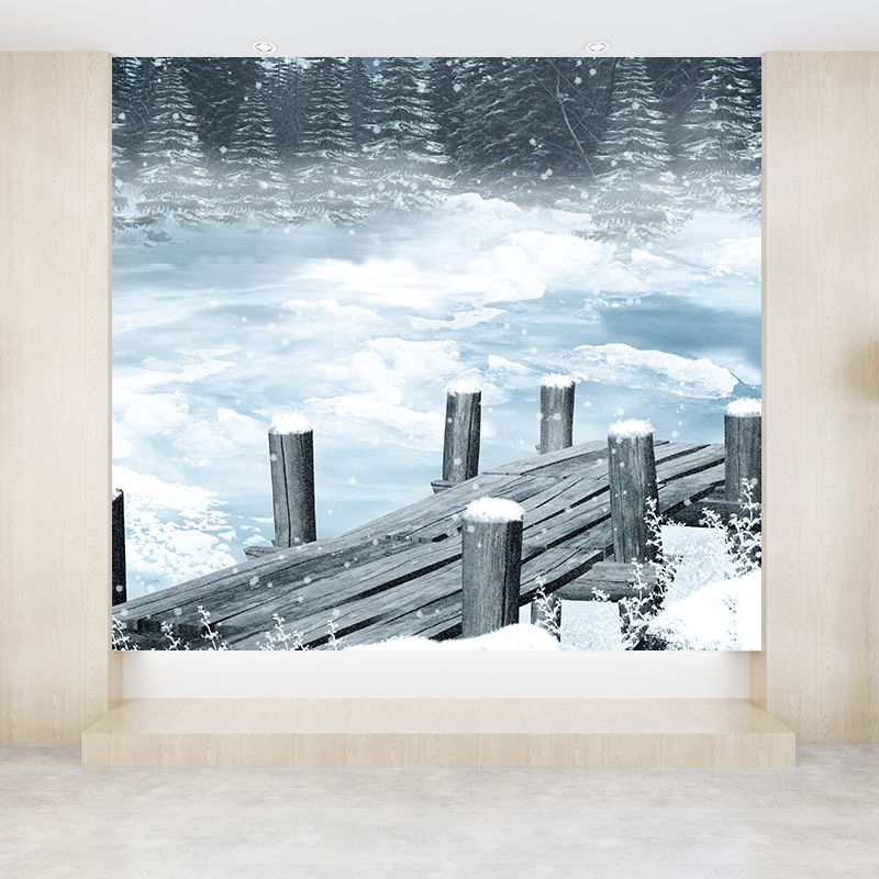 White Frozen Lake Mural Wallpaper Moisture Resistant Wall Covering for Dining Room