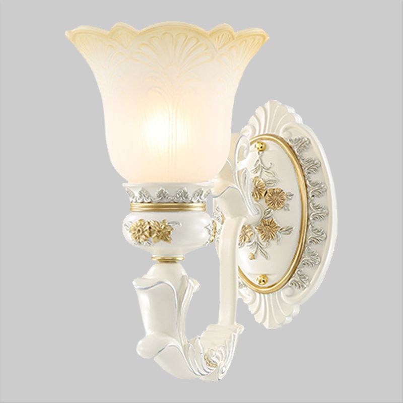 Rustic Blossom Shape Wall Mount Light Single Bulb Frosted Glass Wall Sconce with Carving Design in White