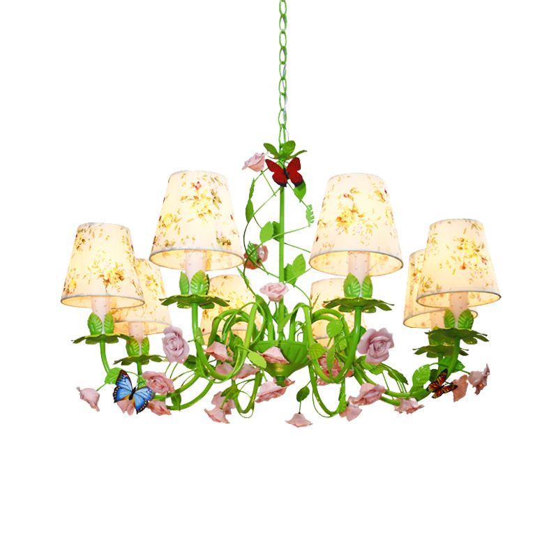 Tela Green Hanging Chandelier cónica 8 luces Costeo de iluminación tradicional hacia abajo para dormitorio