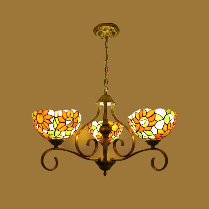 Stained Glass Antique Brass Chandelier Light Fixture Sunflower 3/6/8 Lights Tiffany Style Drop Pendant, 25.5"/34"/37.5" W