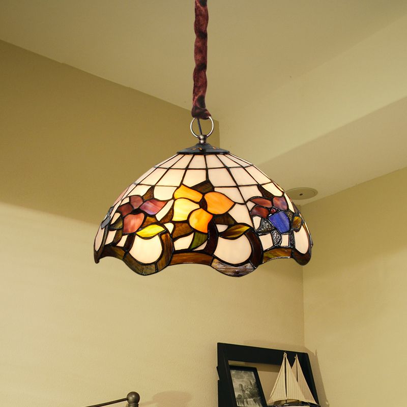 White 3 Heads Suspension Lumière Tiffany Style Verre de vitrail lampe de lustre festonnée
