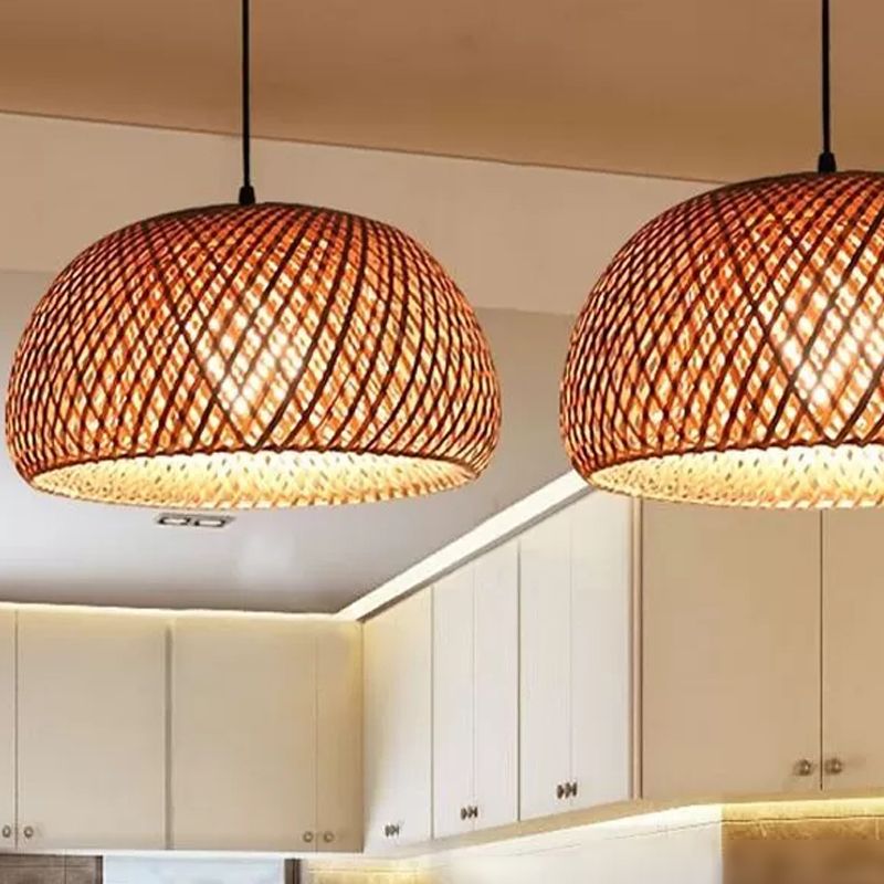 Dome Shade Pendant Light Fixture Asian Bamboo 1 Bulb Dining Room Drop Light