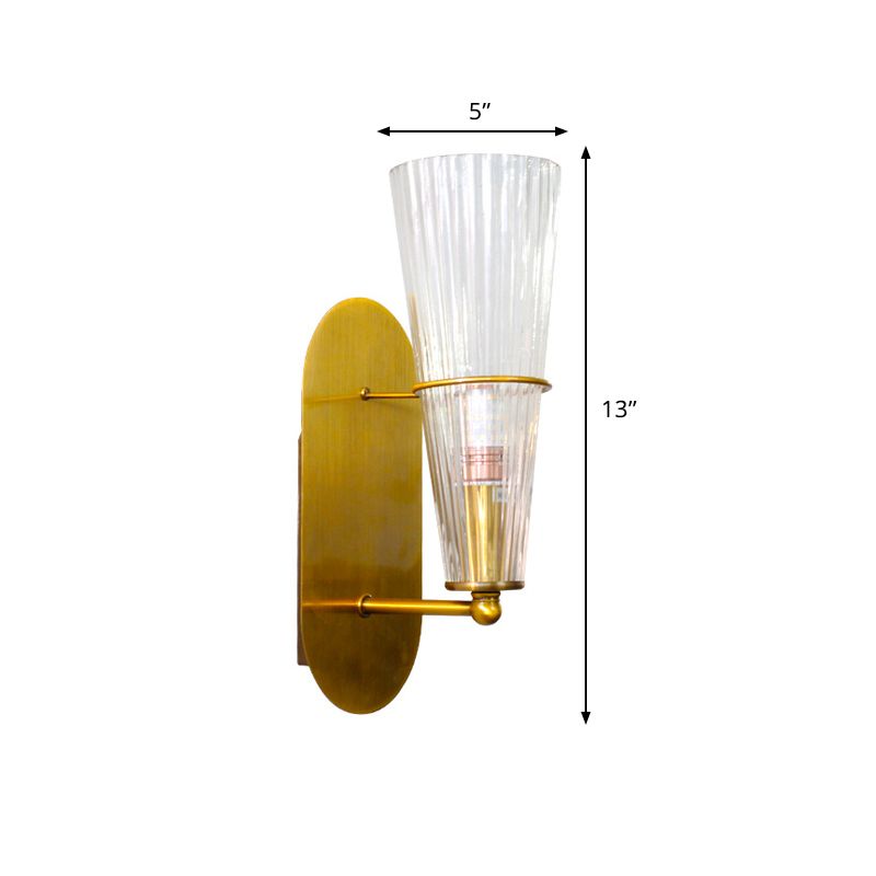 Post Modern 1 Bulb Wall Sconce with Clear Ribbed Glass Shade Gold Finish Cone Wall Lighting