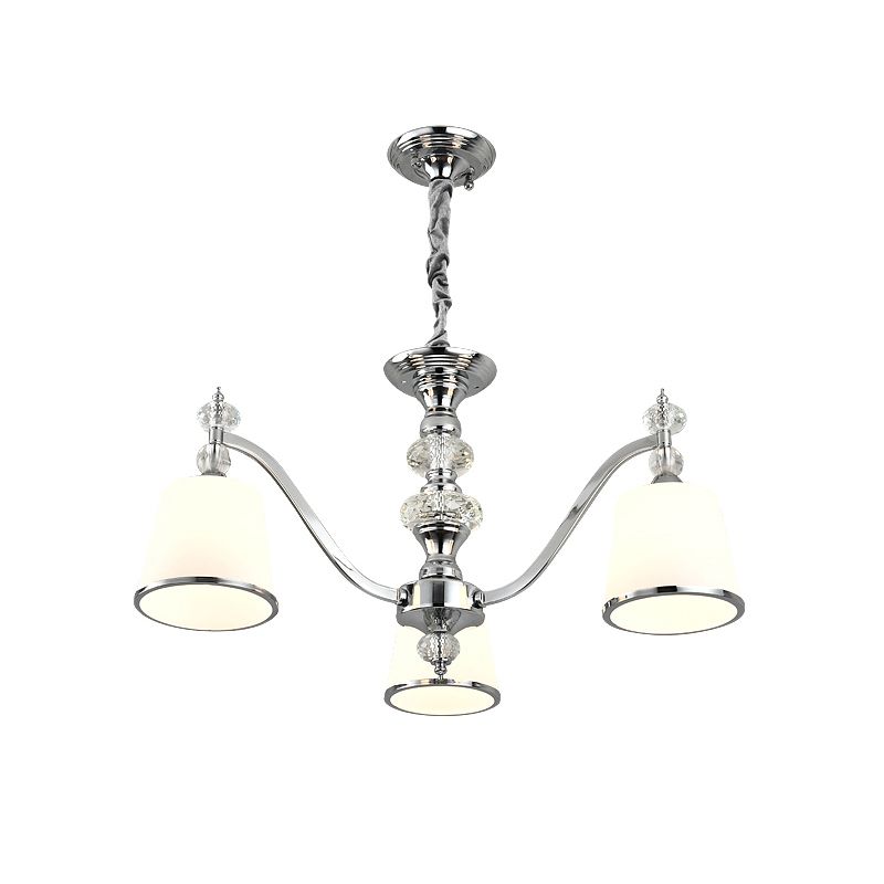 Luce conico bianco in vetro bianco verso il basso 3/6 teste a pendente cromata con braccio curvo