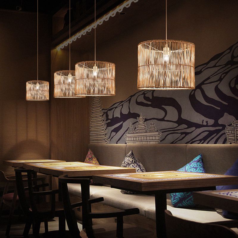 Rattan Drum Shaded Ceiling Light Modern Single Hanging Pendant Light for Restaurant
