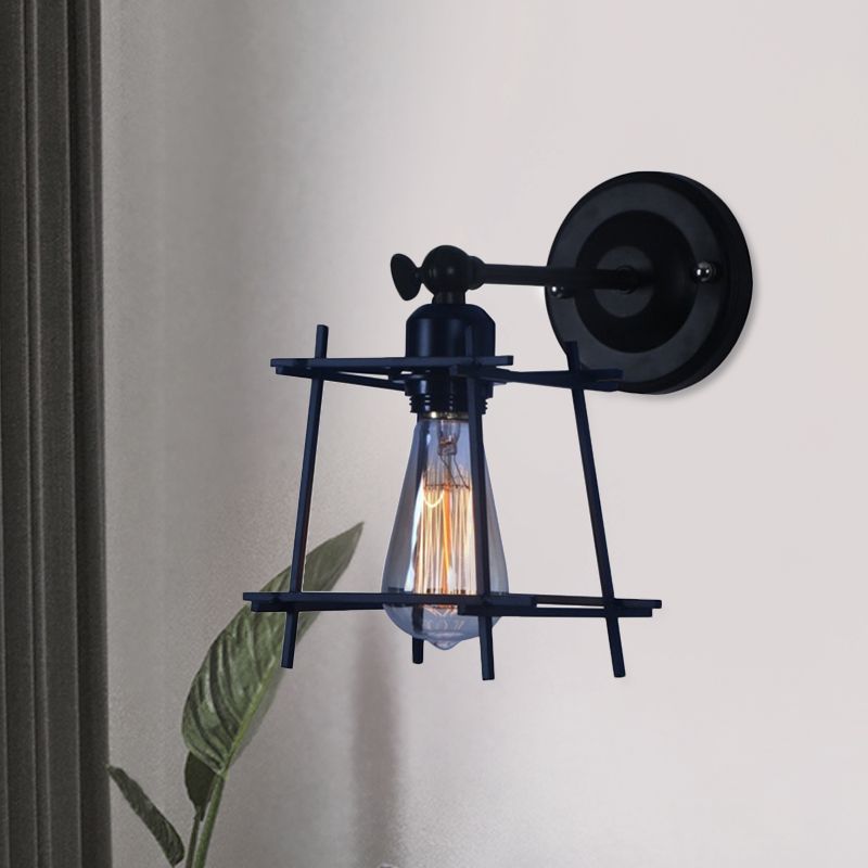 1 Head Wall Light Retro Style Cubic Shade Metal Wall Sconce Lamp with Wire Guard in Black for Bedroom