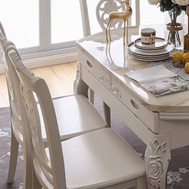 Round Faux Marble 4 Legs Dining Site Table in White with Drop-Leaf