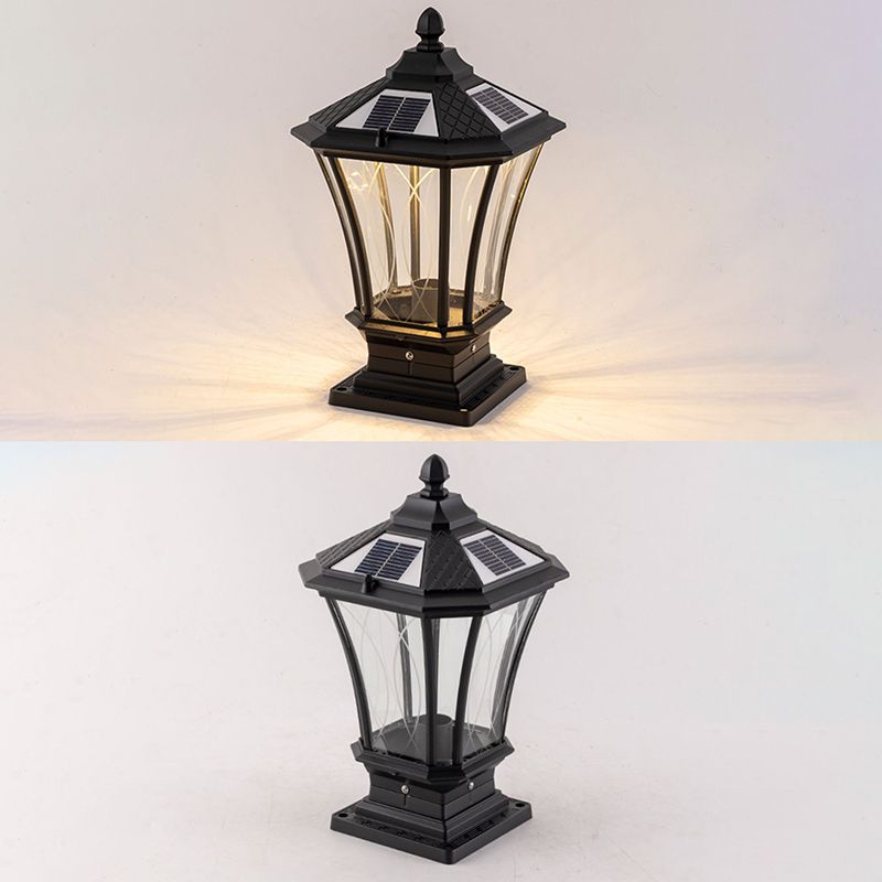 Metal Rectangular Shape Solar Pillar Lamp Modern 1-Light Outdoor Light in Black