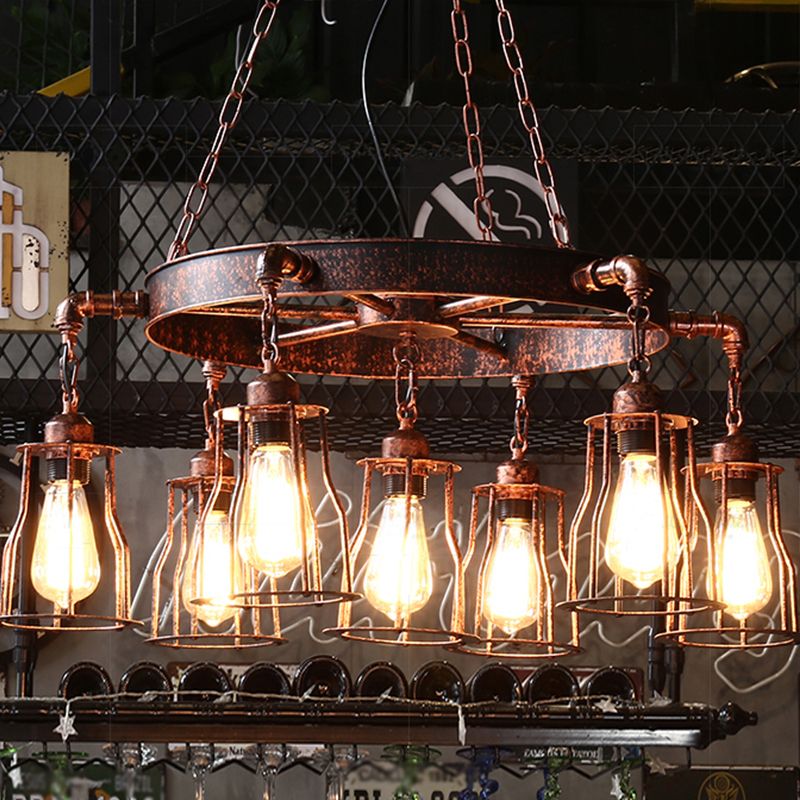 Rust 7 luces Luces Light Farmhouse de hierro forjado Lámpara de lámpara de araña colgante con diseño de ruedas