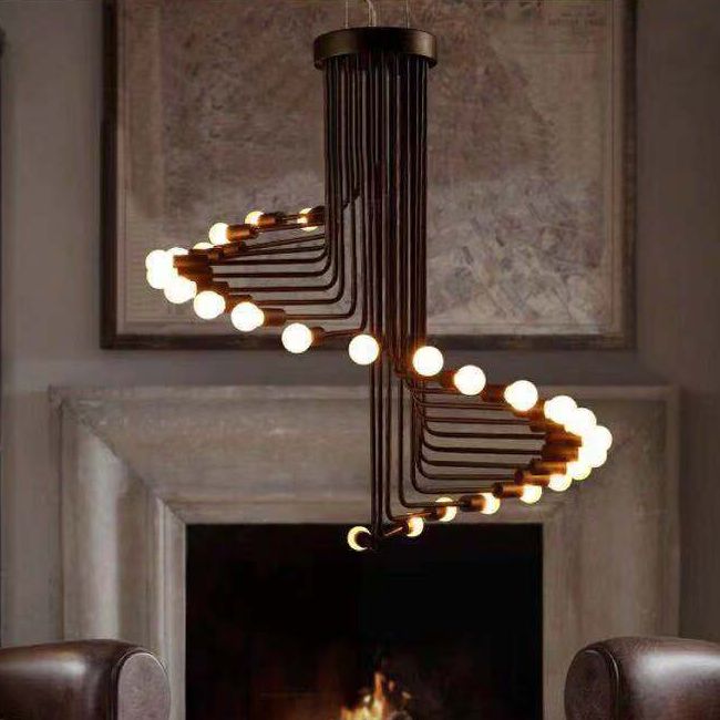 Spirale Stile industriale Lampadario in ferro battuto Light Design Bulb Open Design Retro Hanging in nero