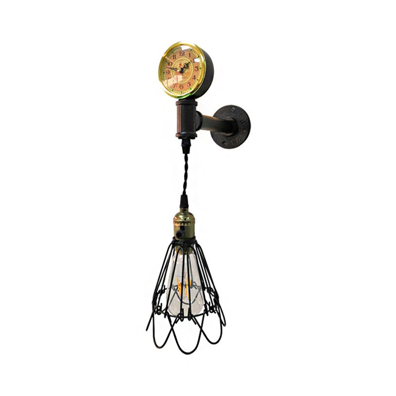 1 Bulb Metal Wall Hanging Light Farmhouse Aged Brass/Black Wire Frame Corridor Sconce Lighting with Gauge