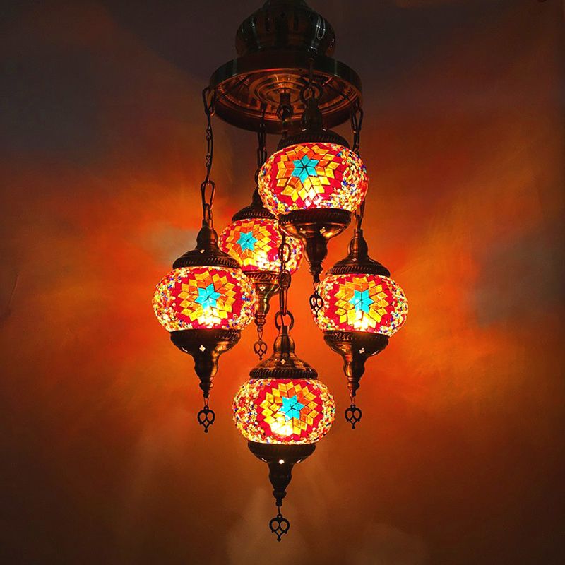 Vintage Oval Chandelier Light Fixture 5 Heads Stained Art Glass Hanging Lamp for Bedroom in Orange/Blue