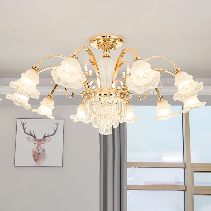Retro Ruffled Bell Chandelier Light Clear Textured Glass Pendant Light Fixture with Tiered Crystal Accent