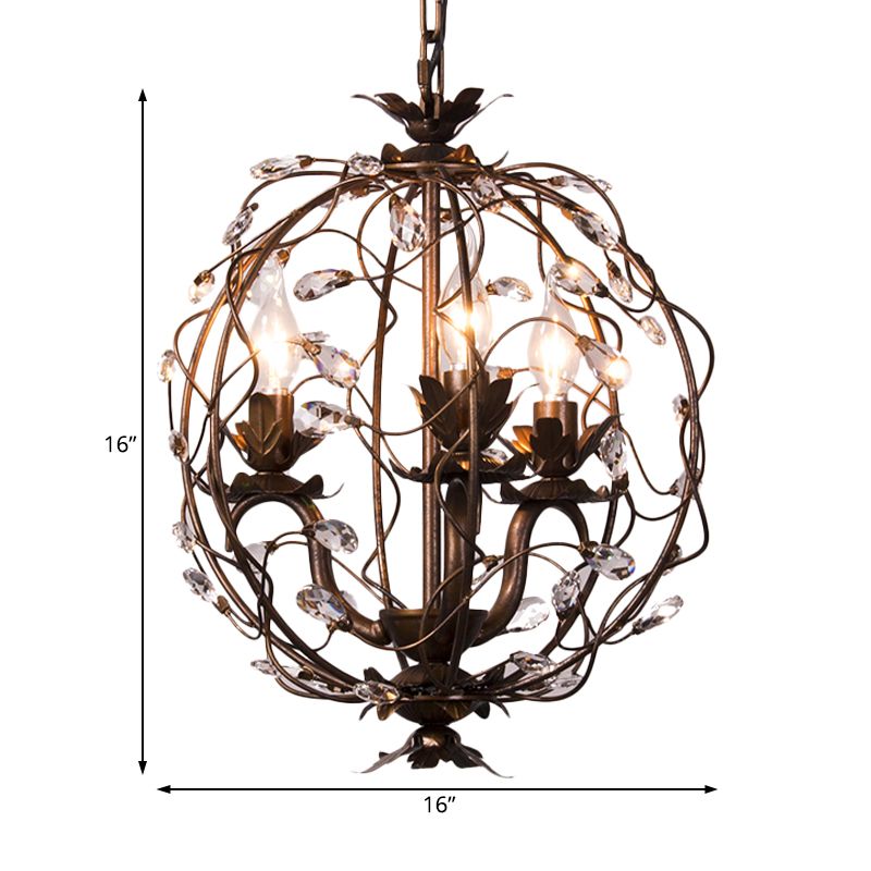 Traditional Globe Hanging Chandelier Metal 3/5 Bulbs Suspension Light in Antique Brass with Crystal Leaf
