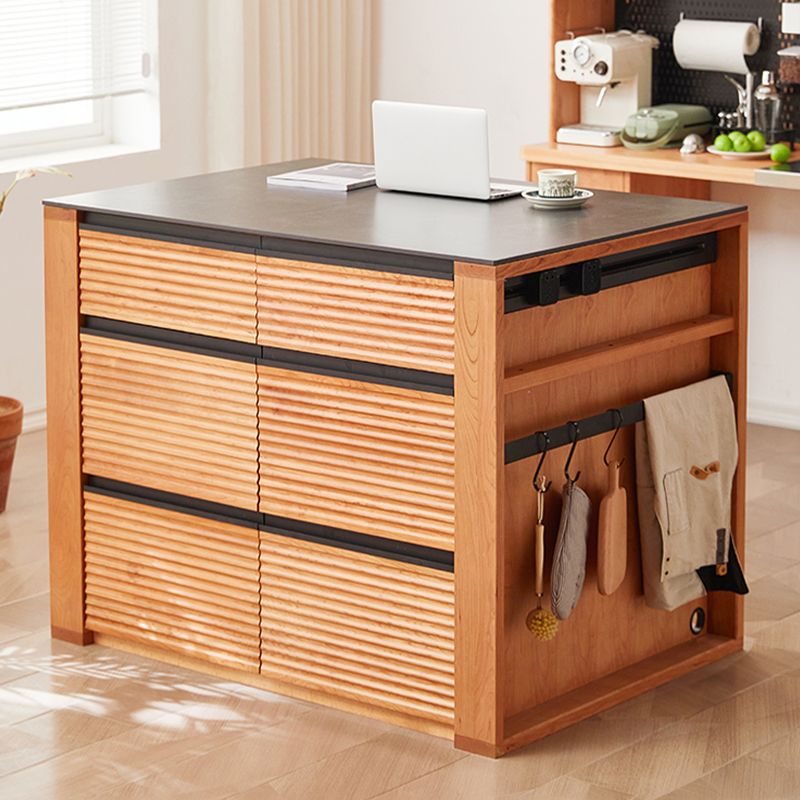 Rectangular Cherry Wood Kitchen Island Table with 3 Drawers for Dining Room