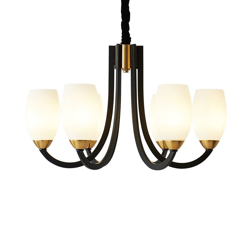 Swooping Arm Chandelier Traditional White Frosted Glass Hanging Light Fixture for Living Room